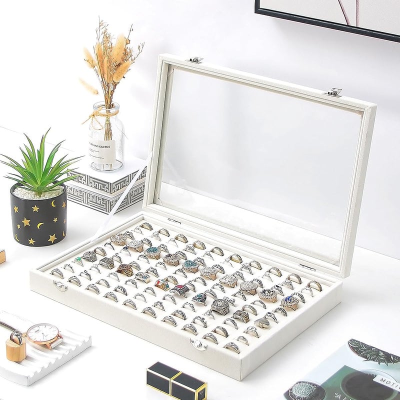 Adugay Ring Display Case, Jewelry Organizer Box, Earring Holder for Girls, Velvet Display Tray (Beige, 100 Slots) - Image 2